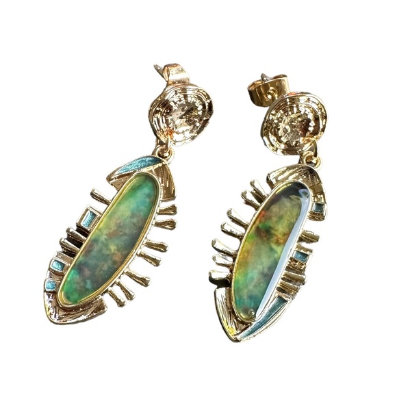 Gold and Green Abstract Drop Earrings - Picture 2 of 5